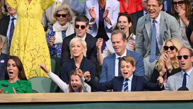 Catherine, Princess of Wales, Princess Charlotte of Wales, Prince George of Wales and Prince William, Prince of Wales celebrate Carlos Alcaraz’s big moment. Photo by Karwai Tang/WireImage.