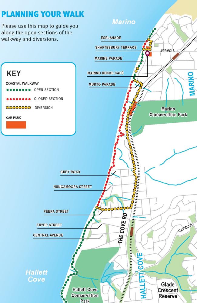 A map showing the closed sections on the Hallett Cove boardwalk.