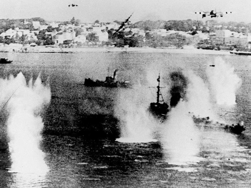 By air and sea … Allied ships under attack off the Normandy coast on D-Day.