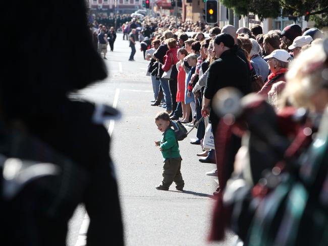 The Anzac Day parade travels up Paterson St in Launceston. Picture: ROSS MARSDEN