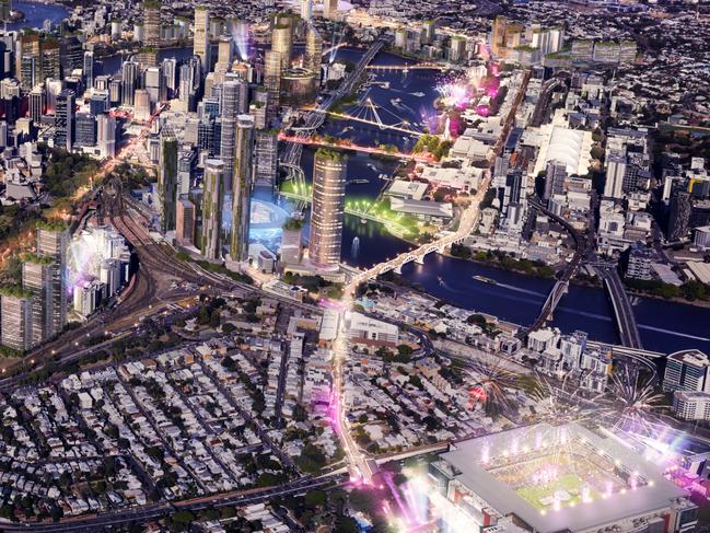 Courier Mail Future BNE campaign Urbis render. Aerial view of proposed ideas for Brisbane Southbank and CBD for the 2032 Olympics.