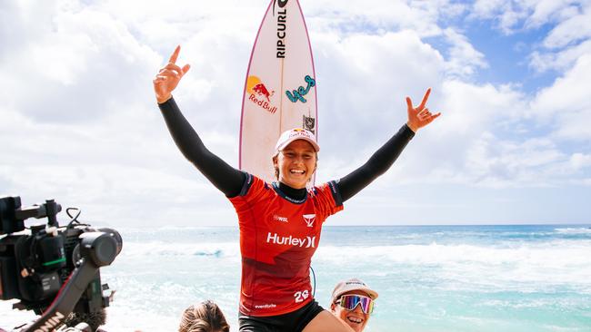 Molly Picklum celebrates back-to-back Sunset Beach wins Picture: Tony Heff/World Surf League