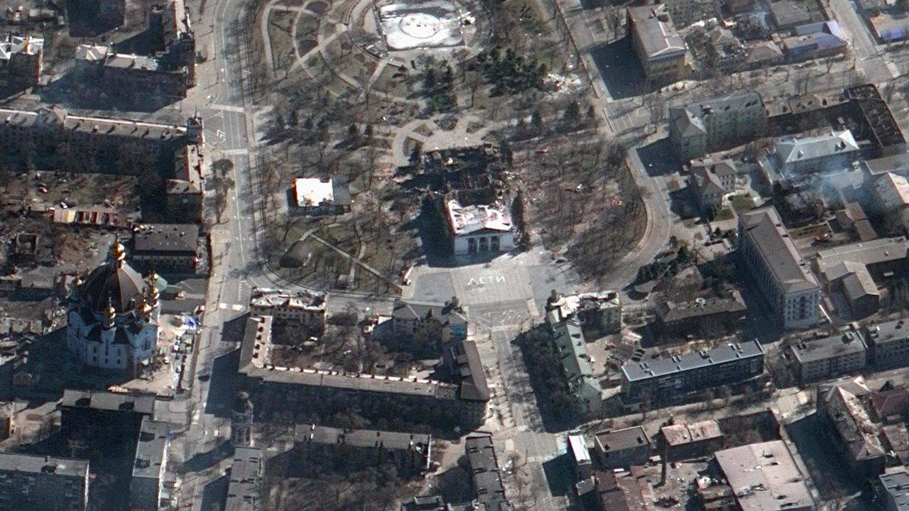 The aftermath of the airstrike on the Mariupol Drama Theater, in Mariupol southern Ukraine. Picture: Maxar Technologies