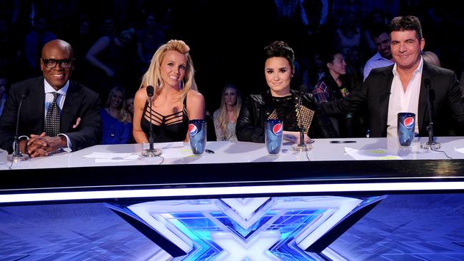 2012’s X Factor US panel included L.A. Reid, Britney Spears, Demi Lovato and Simon Cowell. Picture: FOX via Getty