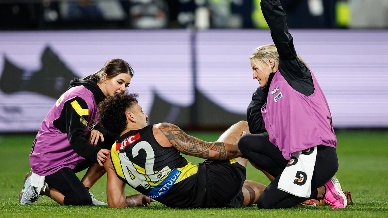 Mykelti Lefau will play his first minutes of footy since his ACL injury this weekend. (Photo by Dylan Burns/AFL Photos via Getty Images)