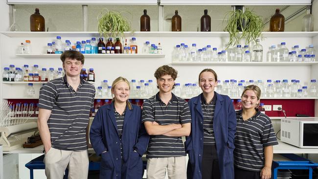 James Bradley, Mackenzie Weaver, Oscar Mitchell, Sarah Ninio and Emerson McClurg reflect on today’s SACE chemistry exam at Pulteney Grammar School. Picture: Matt Loxton