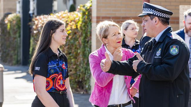 Toowoomba youth crime co-responder team leader Brooke Sanders (left) speaks with Youth Justice Minister Di Farmer and Acting Assistant Commissioner George Marchesini about the rollout of the youth crime co-responder program, Saturday, May 20, 2023. Picture: Kevin Farmer