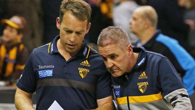 Former coach Alastair Clarkson and Chris Fagan with Hawthorn in 2015. Picture: Colleen Petch.