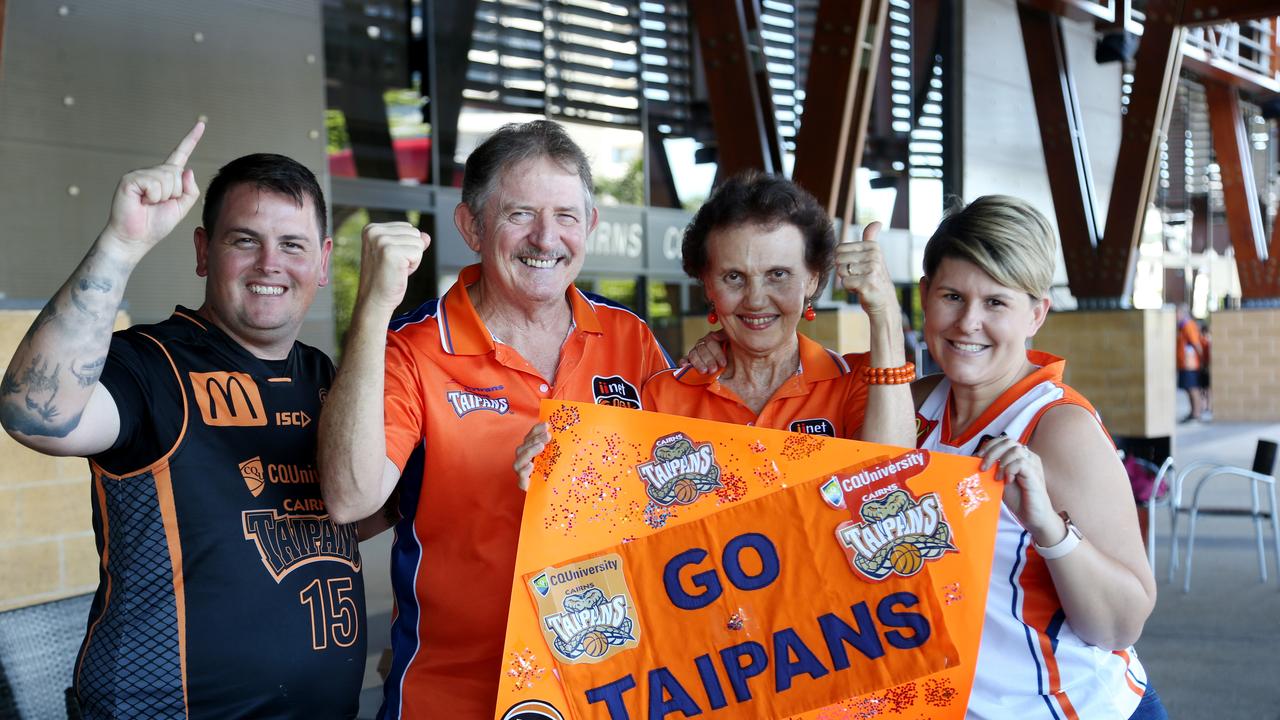 NBL Semi-final game 2 between the Taipans and the Wildcats at the Cairns Convention Centre. Matt Cawdell from Trinity Beach with John and Joyce Gregory of White Rock and his wife Kirsty Cawdell. PICTURE: STEWART McLEAN