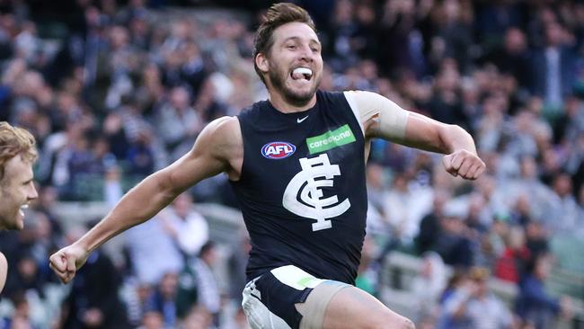 Dale Thomas celebrates his goal in the fourth quarter. Picture: George Salpigtidis