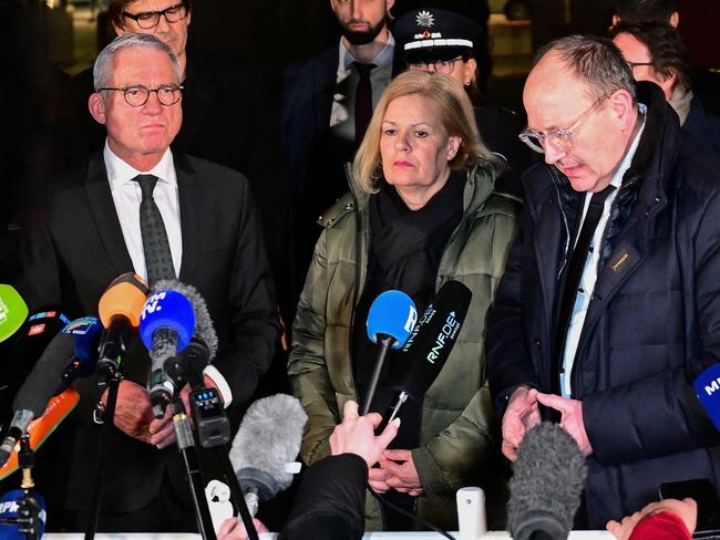 L-R: German ministers Thomas Strobl, Nancy Faeser and Mannheim mayor Christian Specht address media. Picture: Thomas Lohnes / AFP