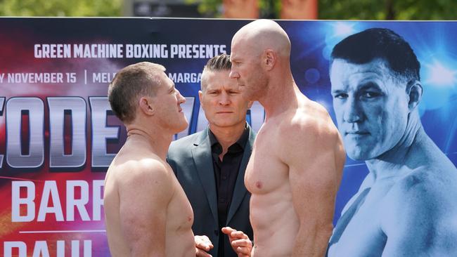 Paul Gallen takes on Barry Hall in boxing’s Code War. Picture: Scott Barbour