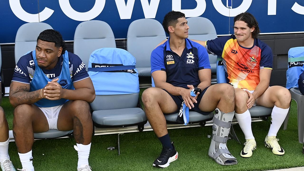 Heilum Luki of the Cowboys looks on from the bench after being injured. (Photo by Ian Hitchcock/Getty Images)