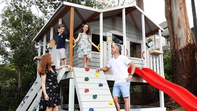 Dene and Alex Gambotto with their kids, Luca and Mia and their Cubby House called the "Taj Mahal". Picture: Tim Hunter.