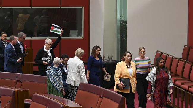 CANBERRA, AUSTRALIA, NewsWire Photos. NOVEMBER 6, 2023: Senator Mehreen Faruqi leads a walk-out of the Australian Greens senators during Question Time in the Senate at Parliament House in Canberra. Picture: NCA NewsWire / Martin Ollman