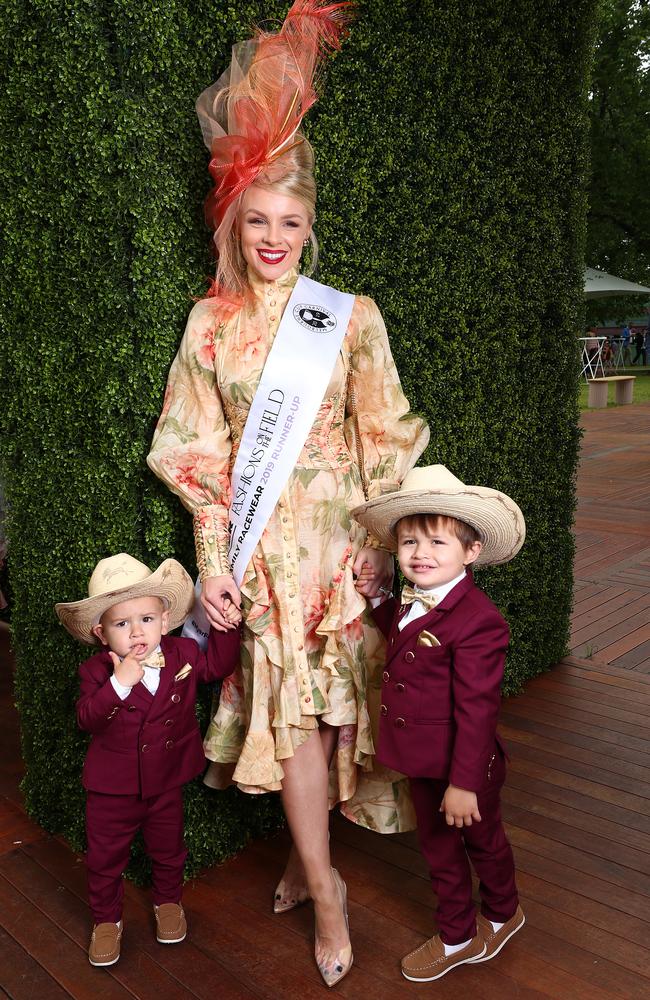 Brittney Tamou with sons Bronx and Boston, 2nd place in the Family Runway at The Park. Picture: Kelly Defina/Getty Images for The VRC.