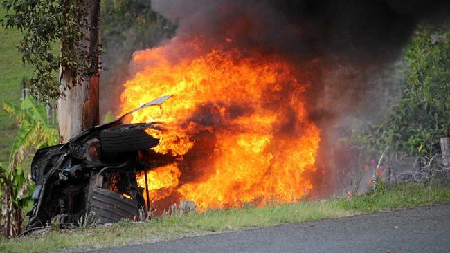 Firefighters attended to a car on fire on Rammutt Rd at Chatsworth on Sunday. Picture: Josie Laird