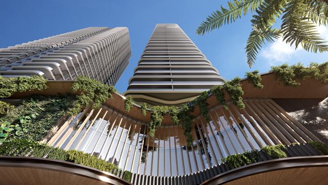 Artist impression of Iris Capital's $800m twin tower project Victoria &amp; Albert Broadbeach (V &amp; A Broadbeach), planned for the Niecon Plaza site.