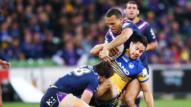 Hayne (being tackled) does not have an NRL contract for next year. Picture: Getty