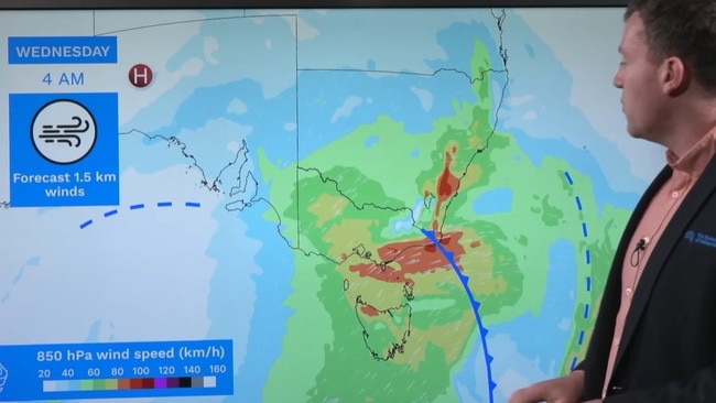 The damaging winds will likely strike Victoria and NSW across Wednesday before easing in the evening. Picture: BOM