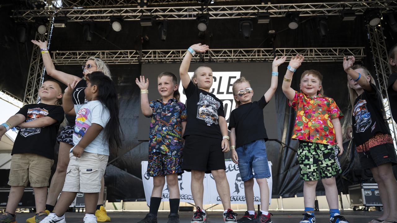 Under 10 entrants during the Mullet Competition at the Summernats Car Festival in Canberra. Picture: NCA NewsWire / Martin Ollman