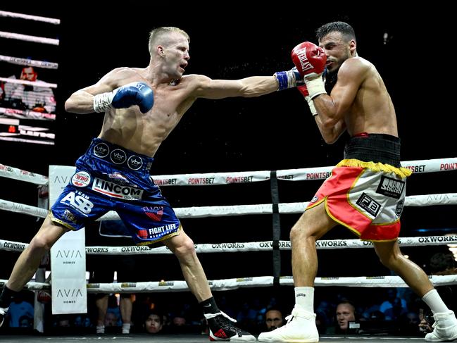 Liam Wilson (L) was in a contender for fight of the year against Youssef Dib in February. Picture: No Limit Boxing