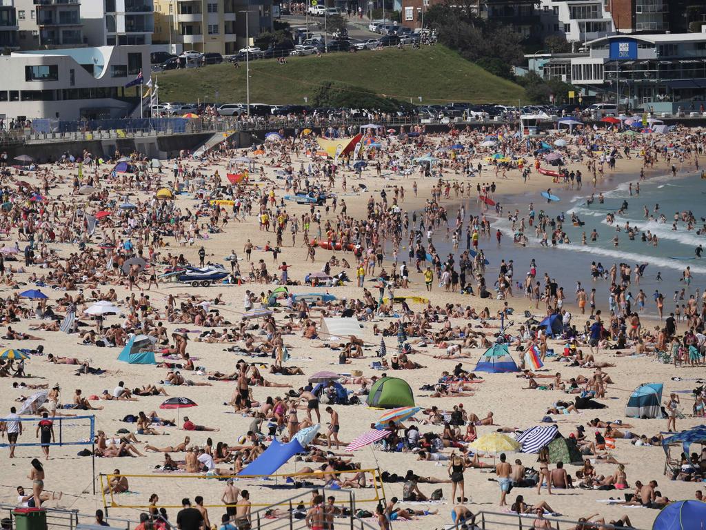 Huge crowds flocked to Bondi Beach on Monday, with the council warning people not to visit the beach as numbers neared capacity. Picture: Christian Gilles/NCA NewsWire