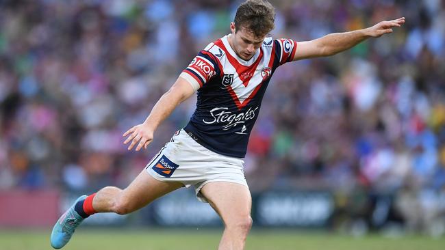 BRISBANE, AUSTRALIA - MAY 15: Sam Walker of the Roosters kicks a penalty goal during the round 10 NRL match between the Sydney Roosters and the Parramatta Eels at Suncorp Stadium, on May 15, 2022, in Brisbane, Australia. (Photo by Albert Perez/Getty Images)