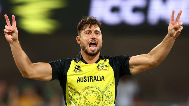 BRISBANE, AUSTRALIA - OCTOBER 31: Marcus Stoinis of Australia celebrates the wicket of Gareth Delany of Ireland for 14 runs during the ICC Men's T20 World Cup match between Australia and Ireland at The Gabba on October 31, 2022 in Brisbane, Australia. (Photo by Chris Hyde-ICC/ICC via Getty Images)