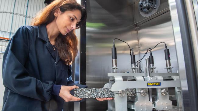 Negin Zhalehjoo loads road surface into a testing device. Picture: Jay Town