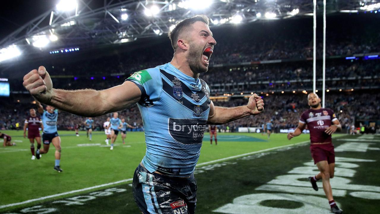 NSW's James Tedesco celebrates the series clinching try in 2019.