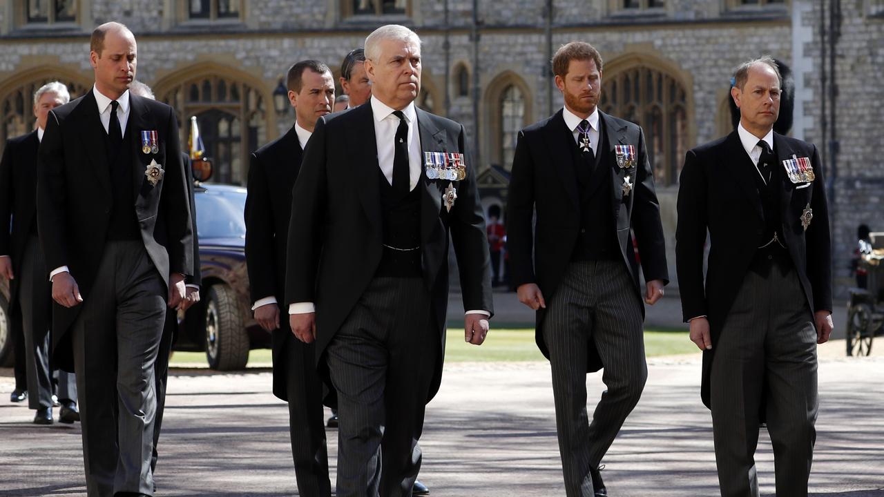 Prince William, Duke of Cambridge, Prince Andrew, Duke of York, Prince Harry, Duke of Sussex and Prince Edward, Earl of Wessex during the funeral of Prince Philip, Duke of Edinburgh at Windsor Castle. Picture: Getty Images