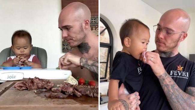 The one year old devours raw meat. Images: Caters