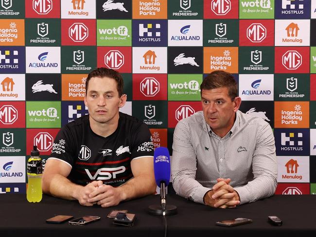 Rabbitohs captain Cameron Murray and head coach Jason Demetriou talk to the media following their loss to the Rabbitohs. Picture: Getty Images