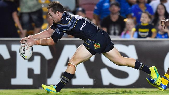Cowboy Michael Morgan scores a try against the Parramatta Eels in Townsville. Picture: Getty Images