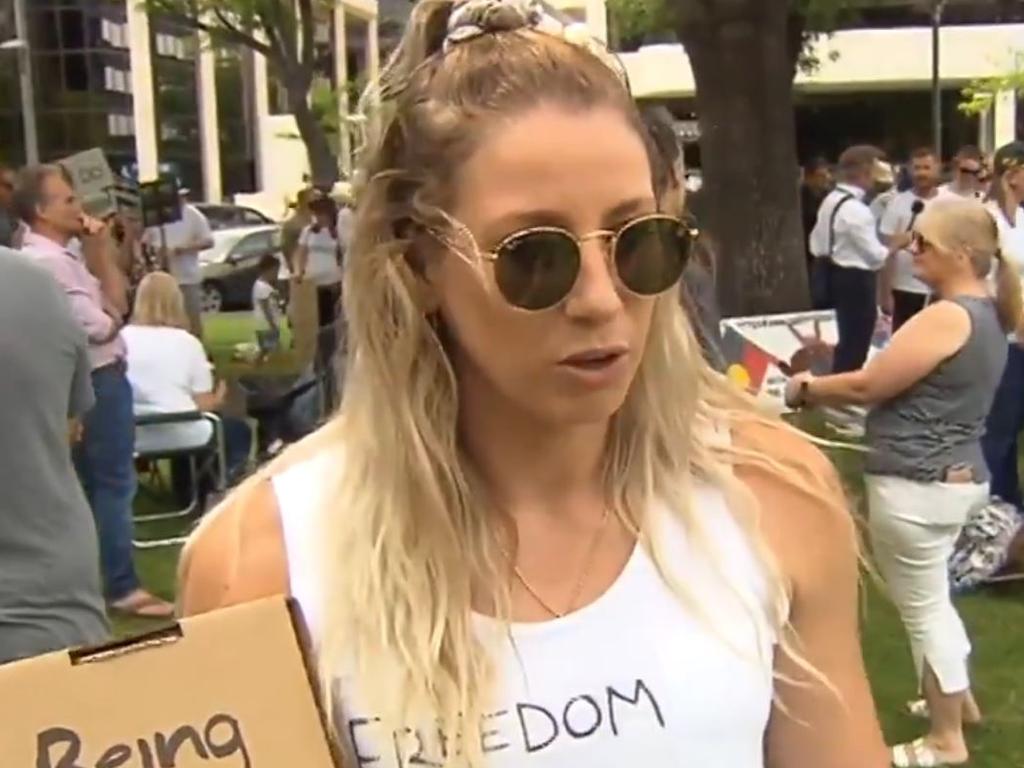 Adelaide AFLW player Deni Varnhagen at a protest against mandatory Covid vaccinations for SA Heath workers. -- Picture 7 NEWS