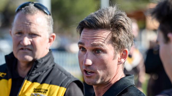 Brighton Bombers coach Brett Backwell addresses his team during Saturday’s loss. Picture: Brenton Edwards