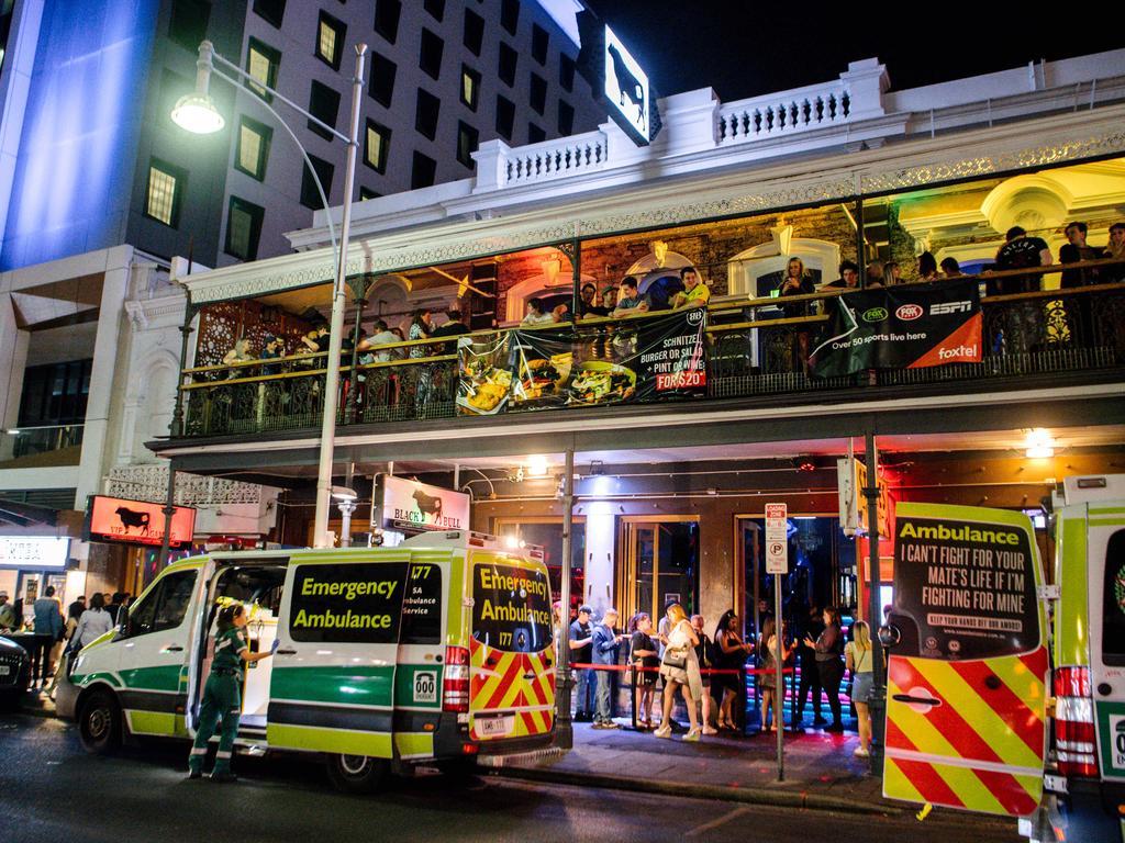 Paramedics outside a Hindley St pub just after midnight, New Year’s Day, 2020. Picture: AAP / Morgan Sette