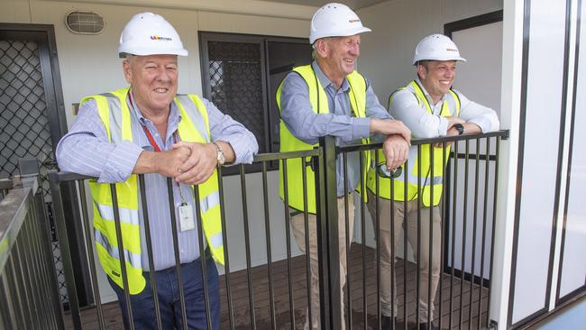 John Wagner, left, Denis Wagner and Deputy Premier Steven Miles at the Wellcamp quarantine hub. Picture: Nev Madsen.