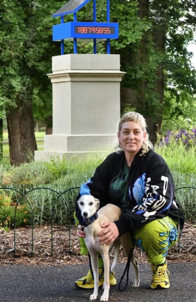 Yandell Walton with her artwork – Zone Red – on a plinth in Edinburgh Gardens, Fitzroy. Picture: Instagram