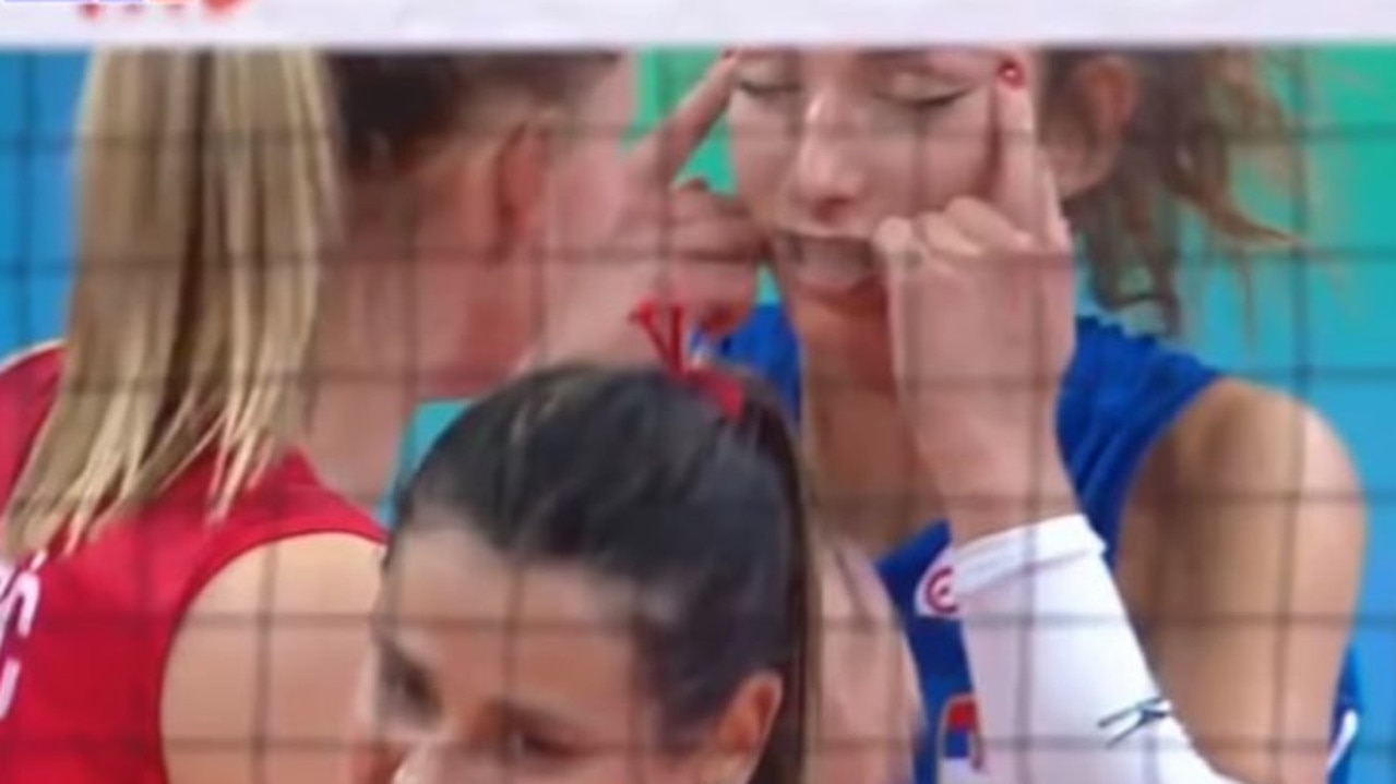 Serbian volleyballer Sanja Djurdevic pulled her eyes apart during a match against Thailand. Photo: Supplied.