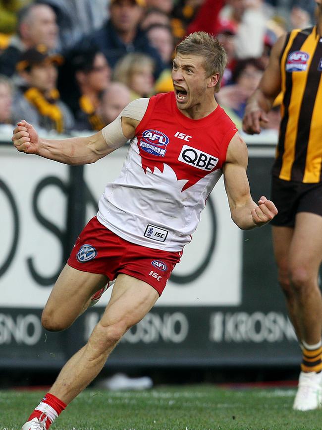 Kieren Jack celebrates a goal during the last quarter of the 2012 grand final.