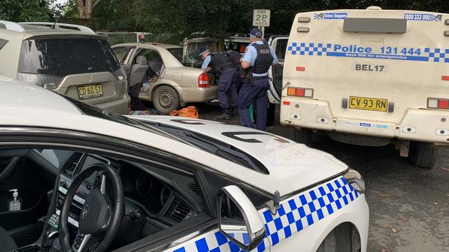 Police cars at the car park behind the pub in Bellingen on Friday afternoon, April 8. Picture: Janine Watson.