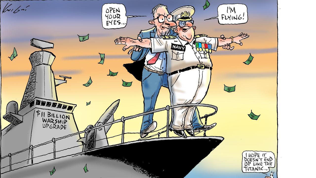 Cartoonist Mark Knight imagines that naval commanders must be swooning after the government’s announcement of a major funding boost. Picture: Mark Knight