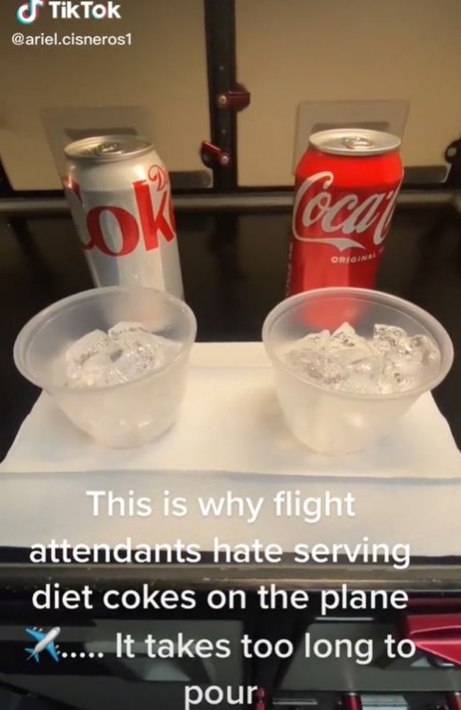 Annoying problem when serving Diet Coke on planes. Picture: TikTok/ariel.cisneros1