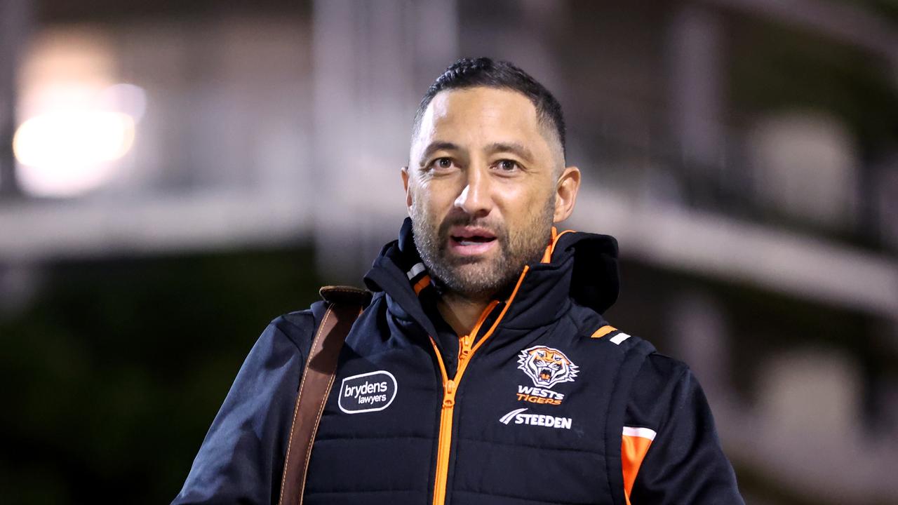 WOLLONGONG, AUSTRALIA - JULY 20: Assistant Coach of the Tigers Benji Marshall arrives prior to the round 21 NRL match between St George Illawarra Dragons and Wests Tigers at WIN Stadium on July 20, 2023 in Wollongong, Australia. (Photo by Jeremy Ng/Getty Images)