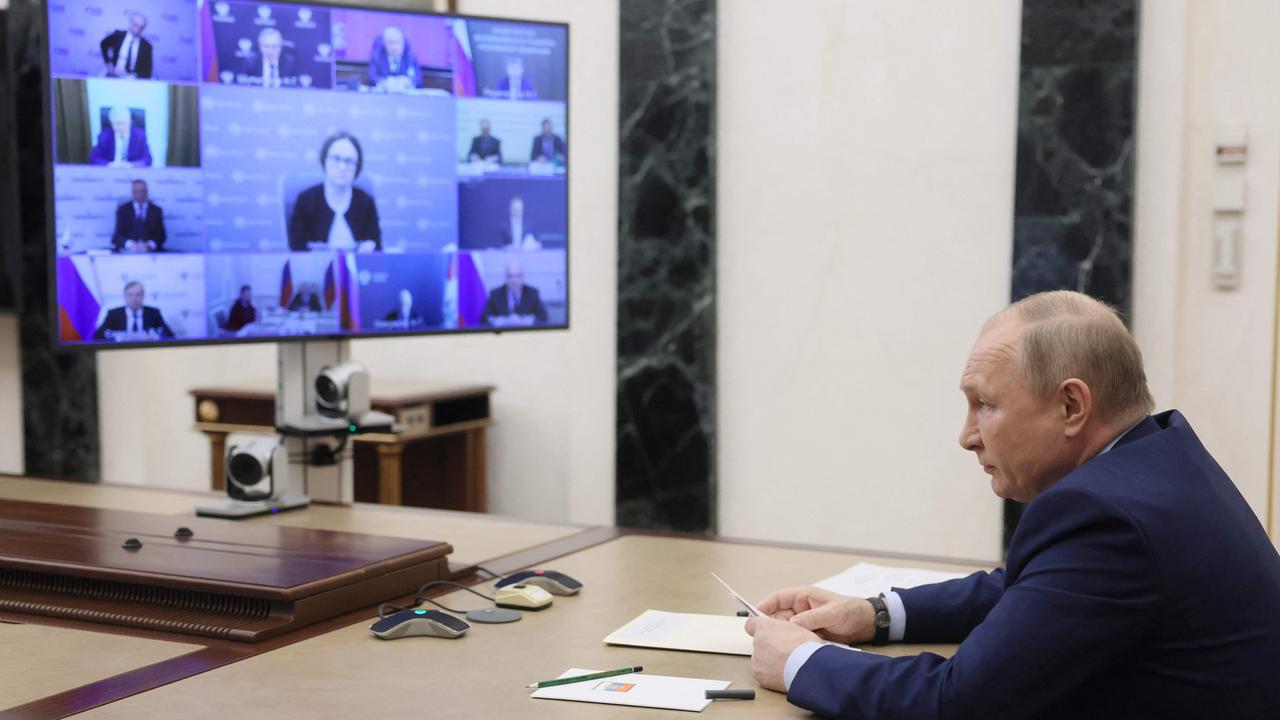 Russian President Vladimir Putin chairs a meeting on the development of the oil industry via a video link in Moscow. Picture: Mikhail Metzel/Sputnik/AFP