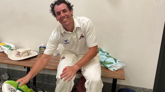 Dandenong's Tom Donnell takes his pads off after his 141 not out against Monash Tigers.