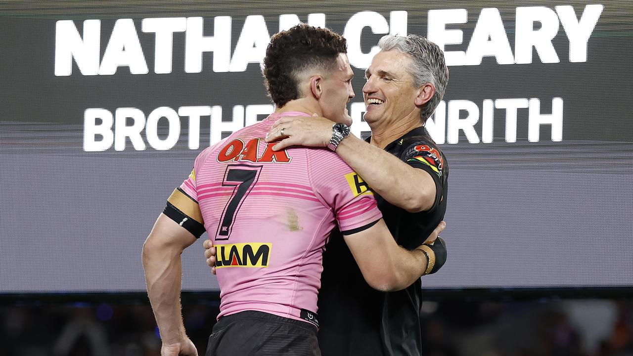 Nathan Cleary of the Panthers celebrates with his father and coach Ivan Cleary.