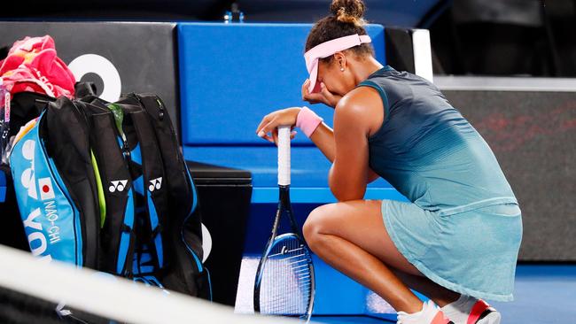 Naomi Osaka reacts after giving up the second set. Picture: AFP Photo